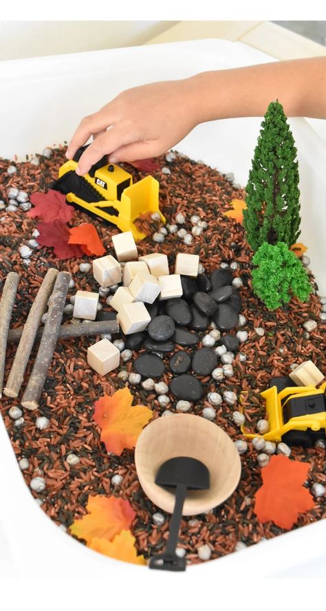 Construction Truck Sensory Bin, Campfire Sensory Bin, Unique Sensory Bin Ideas, Large Sensory Bin Ideas, Camping Sensory Bin Toddlers, Seasons Sensory Bin, October Preschool, Fall Sensory Bin, Fall Sensory