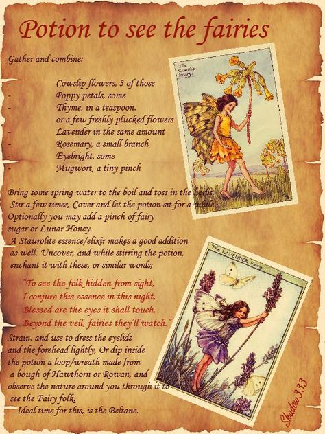 A potion to help one see the fairies, and nature spirits. Recipe and text by myself. Fae/Fairy illustrations are by Celcily Mary Baker, and were in public domain. The parchment graphic used as the background is from; https://pixabay.com/p-68829/?no_redirect also public domain. Good for Beltane. Blessings from Shadow :) Fairy Potion Recipes, Fairy Offerings, Beltane Blessings, Fairy Potion, Fae Magic, Fairy Spells, Wicca Recipes, Real Spells, Spells That Actually Work