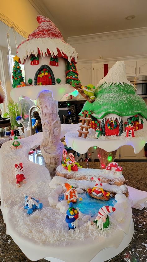 Christmas gnome cake Christmas Gnome Village, Gnome Gingerbread Houses, Gnome Village Ideas, Christmas Village Cake, Gnome Cake, Fantasy Desert, Gingerbread Competition, Mushroom Village, Gnome Village