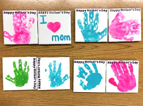 tile-coaster-handprint-mothers-day-kids-gift Handprint Canvas, Heart Handprint, Ceramic Tile Crafts, Grandparents Day Crafts, May Crafts, Crafty Morning, Grandmas Mothers Day Gifts, Coaster Crafts, Tile Crafts