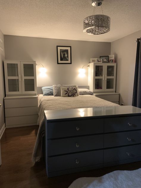 Malm bed, dresser, night stand and Brimnes cabinet Night Stand Storage Ideas, Dressers Next To Bed, Brimnes Bedroom, Ikea Malm Bedroom Ideas, Malm Bedroom, Brimnes Cabinet, Ikea Storage Bed, Brimnes Bed, Malm Bed