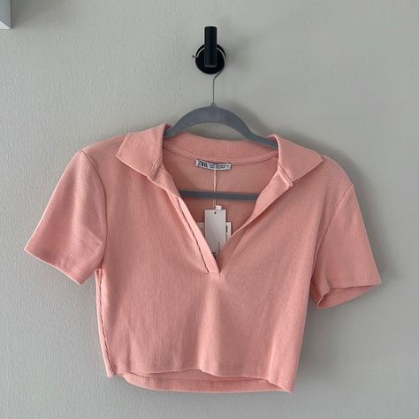 Brand New W/ Tags, Cropped Zara Mini Polo Cropped Pink, Pink Polo Shirt, Leather Crop Top, Pink Polo, Zara Mini, Corset Crop Top, Crop Top Tees, Zara Crop Top, Pink Crop Top