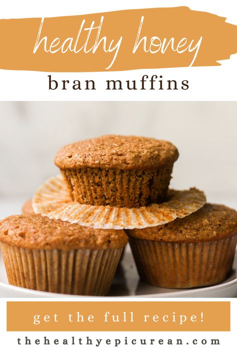 A front shot of a stack of honey bran muffins. Yogurt Bran Muffins, Honey Bran Muffin Recipe, Honey Muffins Recipe, Wheat Bran Muffins, Honey Bran Muffins, Bran Muffins Healthy, Wheat Muffins, Oat Bran Muffins, Honey Muffins