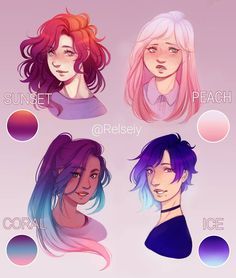 Which is your fav gradient hair?~ Sunset - Peach - Coral - Ice Featuring some of my ocs, Adilene, Lydia, Kylie, Zoe and this is not their actual hair, felt like making more gradients after the recent sunset one with adilene on a previous post. #relsfavhair #digitalart Dyed Hair Drawing, Art Mignon, Poses References, Colored Hair, Art Characters, Drawing Tutorials, Digital Art Tutorial, Art References, How To Draw Hair