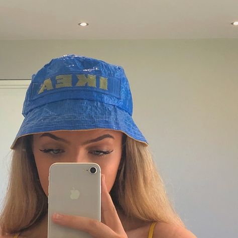 indi duffy <3 on Instagram: “you all thought I was finished posting photos in my ikea outfit but I’m only getting started” Ikea Outfit, Ikea Bucket Hat, Hats Y2k, Bucket Hat Aesthetic, Ikea Bag, Hat Aesthetic, Photo Styling, Yellow Fashion, Bucket Hats