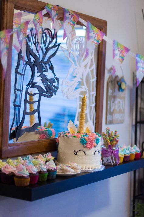 Unicorns and Dragons birthday party. Unicorn cake, rainbow cupcakes Dragons And Unicorns Birthday Party, Unicorns And Dragons Birthday Party, Dragons Birthday Party, Unicorn And Dragon, Unicorns And Dragons, Unicorn Macarons, Birthday Party Unicorn, Wedding Cake Tasting, Cake Rainbow