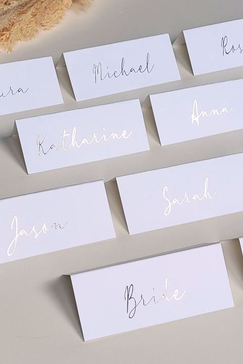 Champagne coloured foil on white card. Calligraphy style font name place cards Wedding Graphic Design, Champagne Wedding Colors, Card Calligraphy, Table Name Cards, Name Place Cards, Reception Details, Wedding Stationery Design, Gold Text, Table Cards