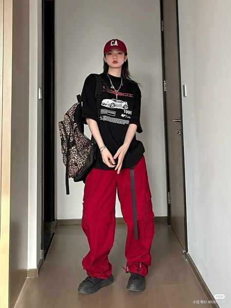 Red Black White Outfit Streetwear, Red Black Streetwear, Red Shirt And Black Pants Outfit, Red And Black Hip Hop Dance Outfits, Asian Hip Hop Fashion, Red Hip Hop Outfit, Red Tomboy Outfits, Hypebeast Aesthetic Outfits, Red And Black Casual Outfit Ideas