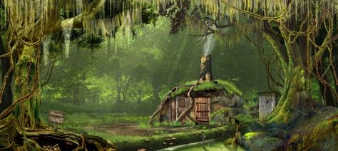 Shrek swamp scene Shrek Concept Art, Shrek House, Shrek Core, Shrek Poster, Shrek Swamp, Shrek Drawing, Scrub Packaging, Shrek Aesthetic, Tree Trunk Painting