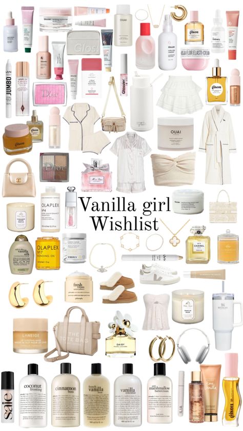 Vanilla Girl Wishlist <3 Vanilla Girl Birthday Wishlist, Vanilla Gift Ideas, Vanilla Girl Gift Ideas, Vanilla Girl Skincare Products, Vanilla Girl Christmas List, Vanilla Girl Must Haves, Vanilla Girl Makeup Products, Clean Girl Wishlist, Vanilla Girl Products