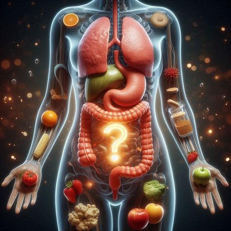 Intriguing 3D Render Human Digestive System with Question Mark-Shaped Stomach and Food Items Human Digestive System, Question Mark, 3d Render, Digestive System, Food Items, Human