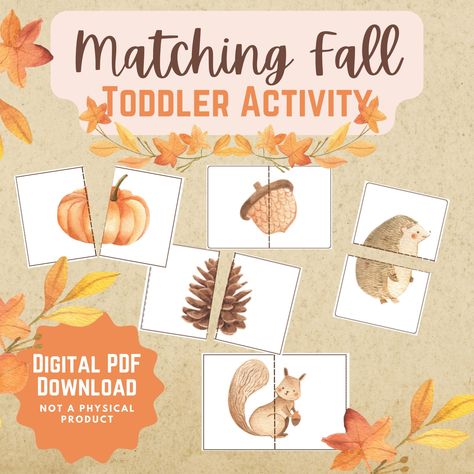 This is a Montessori-inspired activity for toddlers. The matching game features woodland creatures, rustic pumpkins, acorns, leaves and even a special train! This is a great homeschool resource or a great after school activity. Enjoy the beautiful designs and watch your little ones work to match away! How it works:  1. Once you purchase the Matching Fall Toddler Activity, you'll be able to download a PDF. 2. Print out the PDF at home or professionally  3. Cut out the cards and along the dotted l Fall Activity For One Year Old, Fall Table Activities For Preschool, Fall Toddler Activities Under 2, Fall Montessori Activities, Montessori Fall Activities, Toddler Fall Activities, Toddler Montessori Activities, Fall Activities For Toddlers, Fall Lesson Plans