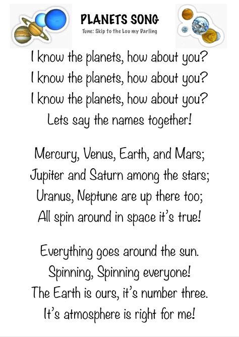 Easy to learn song about the planets. (sung to the tune of Skip to the Lou my Darling) Planet Roll Call Poem, Outer Space Songs Preschool, Space Rhymes For Preschool, Solar System Songs For Preschool, Space Songs For Preschool, Science Songs For Preschool, All About Space For Preschool, Learning Songs For Kindergarten, Space Songs For Toddlers