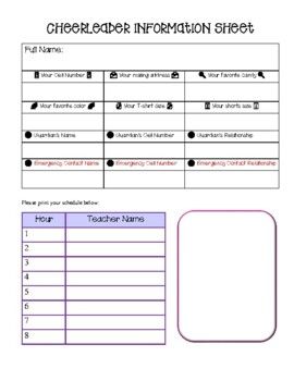 This is to help Coaches collect basic contact/emergency information about their girls.  Keep this in your Cheer Information Binder! Comes with color page and black and white page for those without color printers. Cheer Coach Binder, Jaguars Cheerleaders, Binder Printables Free, Cheer Tryouts, Cheerleading Coaching, White Page, Cheerleading Cheers, Cheer Signs, High School Cheer