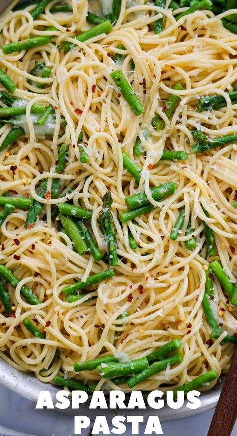 This Asparagus Pasta is made with al dente pasta, sauteed garlic and asparagus, and Parmesan cheese. It's simple, yet so delicious. Easy Pasta With Asparagus, Spaghetti With Asparagus Recipe, Angel Hair Pasta With Asparagus, Asparagus Linguine Pasta, Spaghetti Asparagus Recipes, Spaghetti With Asparagus, Noodles And Asparagus, Things To Make With Asparagus, Asparagus Pasta Recipes Healthy