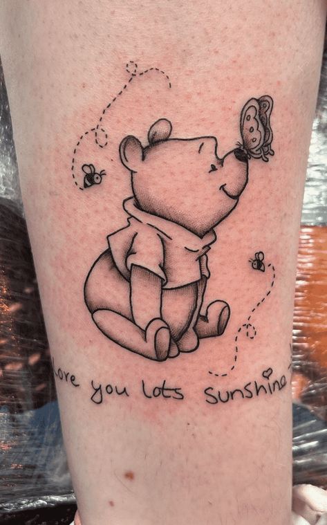 Winnie the Pooh Tattoo Design Ideas Images Pooh Bear Memorial Tattoo, Winnie The Pooh Memorial Tattoo, Fine Line Winnie The Pooh Tattoo, Winnie The Pooh And Friends Tattoo, Winnie The Pooh Tattoo Matching, Eeyore Tattoo Ideas, Small Winnie The Pooh Tattoo, Pooh Tattoo Ideas, Winnie The Pooh Tattoo Ideas