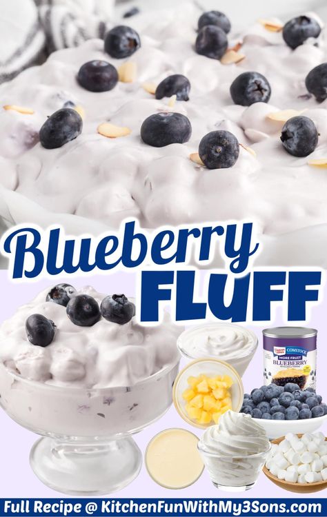 If you love fresh blueberries, then you will love Blueberry Fluff. It’s a creamy and delicious dessert salad made of blueberries, sweet pineapple, and mini marshmallows. It’s perfect for a cookout or a yummy treat to enjoy anytime. Blueberry Fluff Salad, Blueberry Fluff, Lemon Blueberry Trifle, Blueberry Trifle, Recipes With Cool Whip, Cool Whip Desserts, No Bake Blueberry Cheesecake, Fluff Salad, Blueberry Salad