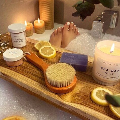 Enjoying a  soothing bath with calming essentials like bath salts, candles, skin care products, bath products and a good book Pampering Aesthetic, Selfcare Night, Self Pampering, Lavender Bath Salts, Pamper Hamper, Lush Bath, Bath Gift Set, Gift Boxes For Women, Relax Spa