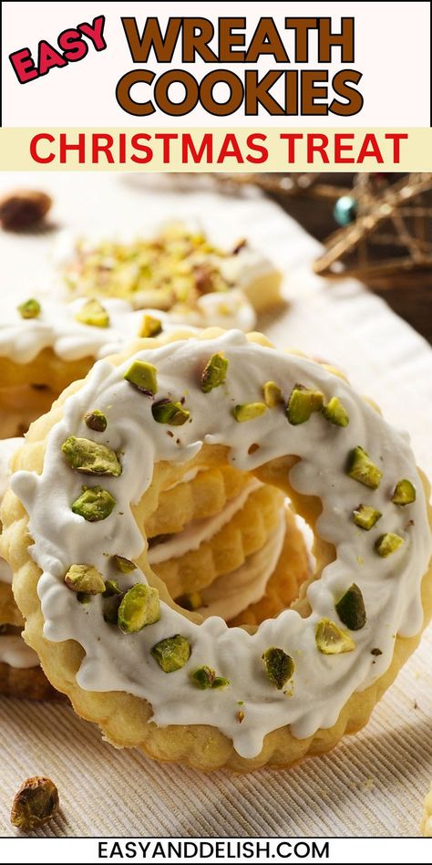 Close up of one Christmas Wreath Cranberry Pistachio Cookie. Cookie Butter Oatmeal, Cranberry Pistachio Cookies, Refrigerator Cookies, Healthy Fruit Snacks, No Bake Cookie, Butter Oatmeal Cookies, Jelly Cookies, Easy Holiday Desserts, Wreath Cookies