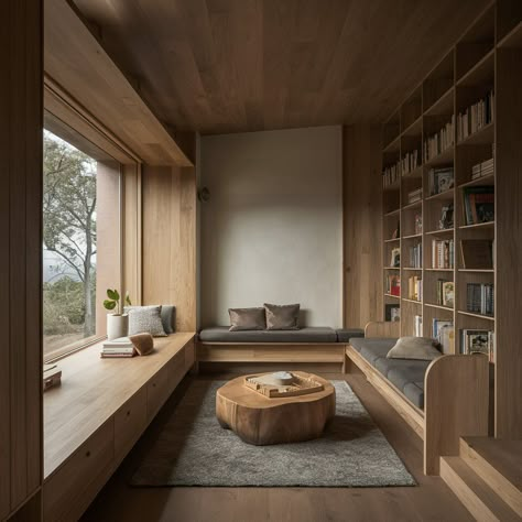 Reading Room Interior Design, Japandi Library Room, Minimalist Library Aesthetic, Japandi Home Library, Japanese Library Room, Reading Nook Interior Design, Japandi Library Design, Sitting Nook Ideas, Wabi Sabi Library