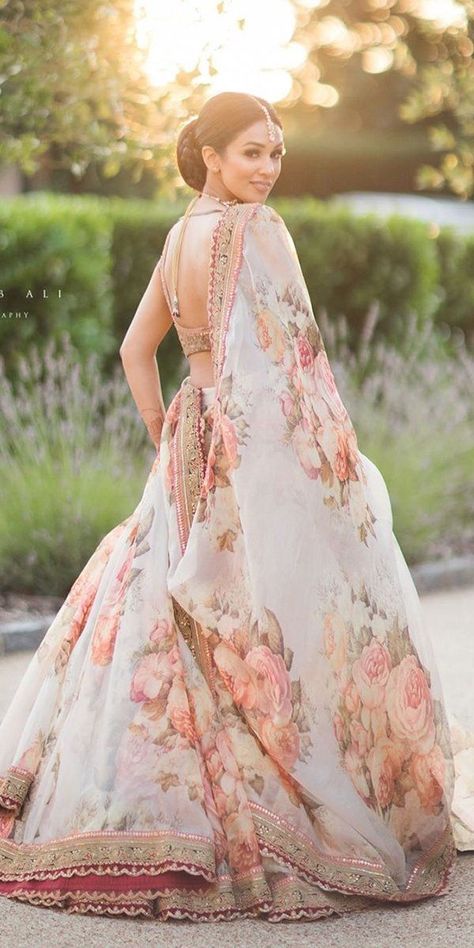 30 Exciting Indian Wedding Dresses That You'll Love ❤   indian wedding dresses fusion floral watercolor zohaibali co uk #weddingforward #wedding #bride Sabyasachi Bridal, Lehenga Choli Designs, Lehenga Choli For Women, Choli For Women, Sabyasachi Lehenga, Organza Lehenga, Floral Lehenga, Nikkah Dress, Indian Outfits Lehenga