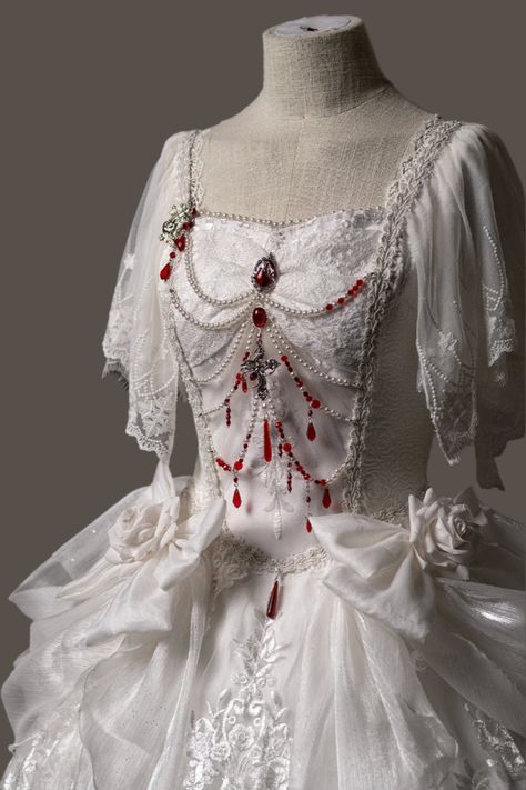 ❤︎ [Reservation deadline on September 28] Blood White Gothic Elegant Lace Embroidery Dress + Sleeves + Accessories❤︎    ⚠️ Delivery may take about 2 months for popular products. Gothic White Dress, Blood Embroidery, Halloween Gothic Costume, White Gothic Dress, Halloween Core, Goth Wedding Dresses, Lace Embroidery Dress, Bunny Halloween, White Gothic