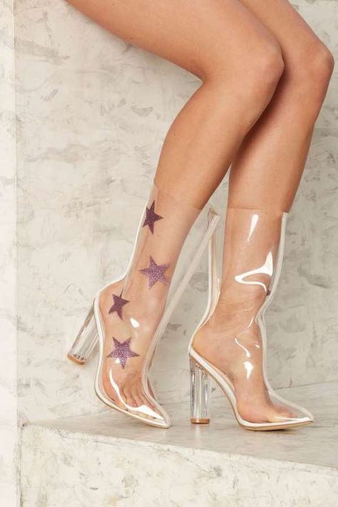 Factory Superstar Clear Boot #clear #star #boots #rainboots #unique #club Female Boots, Clear Boots, Boots Pattern, Glass Heels, Clear Shoes, Womens Basketball Shoes, Cinderella Shoes, Boots Patterns, Designer High Heels