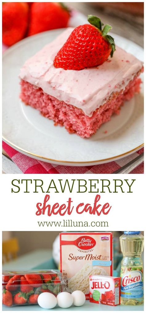 Perfect for feeding a crowd, this Strawberry Sheet Cake made with fresh pureed strawberries is especially tasty! #strawberrysheetcake #strawberrycake #sheetcake #cake #strawberry Birthday Cake For Women Simple Easy, Strawberry Cake With White Box Cake, Sheetcake Dessert, Sheet Cakes Recipes, Sheetcake Cake, Strawberry Sheet Cake, Strawberry Bundt Cake, Birthday Cake For Women Simple, Strawberry Sheet Cakes