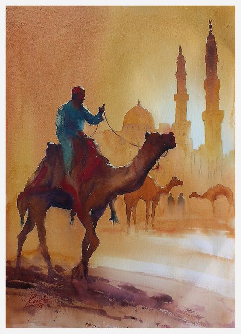 ArtStation - Watercolor Paintings, MV RENJU Egyptian Canvas Painting, Arabian Art Paintings, Egyptian Watercolor, Camel Painting, Watercolor Indian, Watercolor Paintings Nature, Arabian Art, Islamic Paintings, Arabic Art