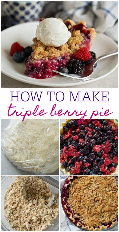 This Triple Berry Pie isn't only easy but is fresh and delicious! This fruity dessert has an amazing berry pie crumble on top and is perfect all year long. Mixed Berry Pie Recipe, Berry Pie Recipe, Triple Berry Pie, Mixed Berry Pie, Fruity Dessert, Berry Crumble, Pie Crumble, Berry Pie, Fruity Desserts