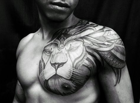 Incredible Cool Tribal Lion Mens Shoulder And Chest Tattoo Lion Tattoo Images, Lion Chest Tattoo, Dj Tattoo, Lion Shoulder Tattoo, Geometric Lion Tattoo, Tattoo Lion, Lion Tattoo Sleeves, Mens Lion Tattoo, Maori Tattoos