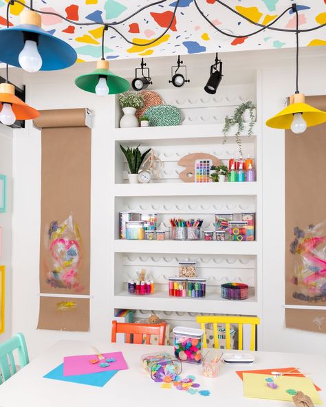 Playroom Wall Colors, Art Supply Wall, Studio Shelving, Functional Playroom, Cozy Cubicle, Blob Mirror, Perfect Laundry Room, Kids Art Studio, Colorful Playroom