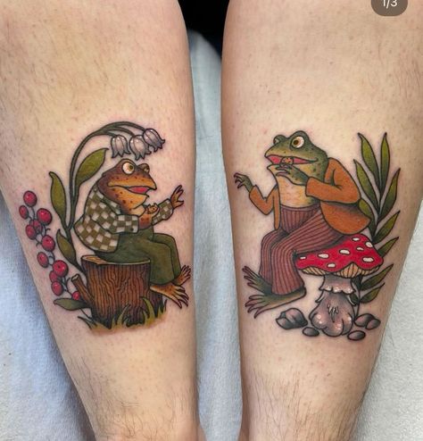 Frog And Ladybug Tattoo, Neo Trad Mushroom Tattoo, Traditional Best Friend Tattoo, Frog And Toad Tattoos, Gopher Tattoo, Redwall Tattoos, Whimsical Matching Tattoos, Jim Henson Tattoo, Traditional Forest Tattoo