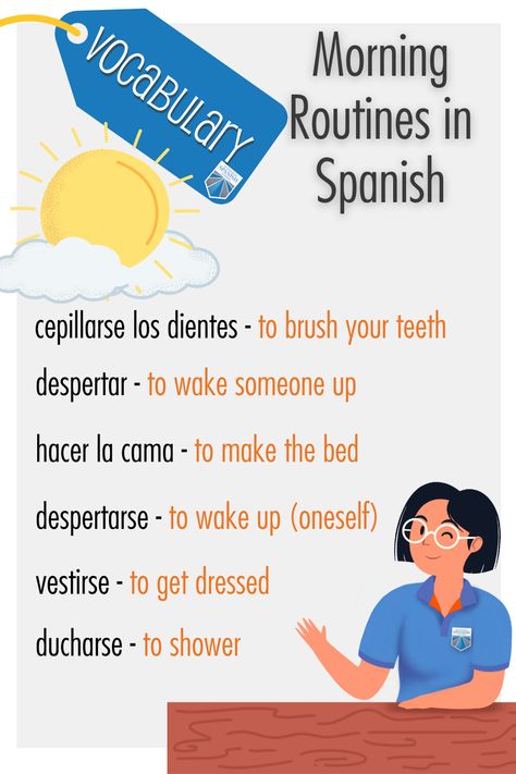 Spanish Notes, Homeschool Spanish, Learning Spanish Vocabulary, Morning Routines, Spanish Vocabulary, Grammar And Vocabulary, Spanish Resources, Morning Person, Spanish Class