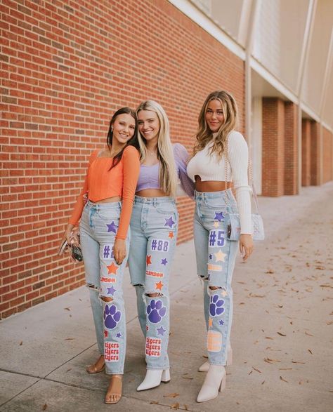 Homecoming Jeans Ideas, Senior Painted Jeans, Senior Pants, Clemson Outfits, Baseball Outfits, Baseball Cricut, College Tailgate Outfit, Southern Clothing, College Football Outfits