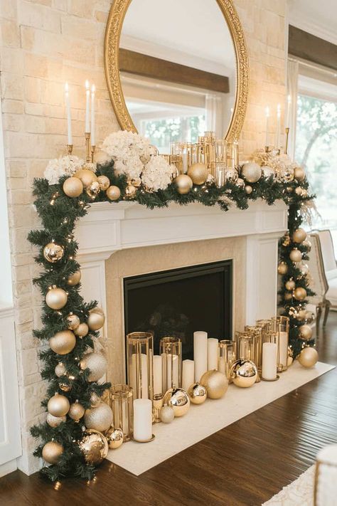 white and gold Christmas mantel White And Gold Christmas Party Decor, Christmas Decorations Gold And White, Christmas Decor Gold And White, White And Gold Christmas Aesthetic, Christmas Decor White And Gold, White Gold Christmas Decor, Christmas Gold And White, Christmas White And Gold, White And Gold Christmas Decor