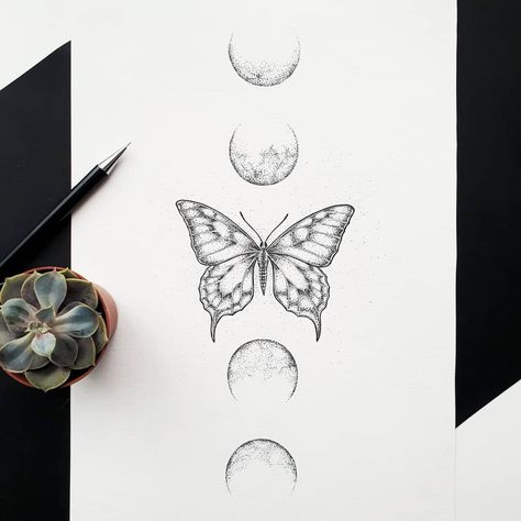 butterfly and moon phases print / buttrerfly dotwork / moon phases tattoo dotwork / moon phases drawing / bitterfly printable / butterfly tattoo ideas Tattoo Designs Butterfly, Printable Butterfly, Butterfly Moon, Moon Phases Tattoo, Butterfly Back Tattoo, Tattoo Dotwork, Animals And Nature, Moon Tattoo Designs, Butterfly Tattoos