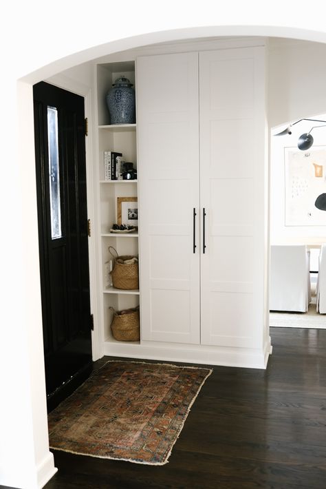 Our Ikea Pax Entry & Coat Closet - Danielle Moss Ikea Coat Closet, Entry Closet Ideas, Coat Closet Ideas, Coat Cupboard, Hallway Cupboards, Front Hall Closet, Entry Cabinet, Pax Closet, Ikea Entryway