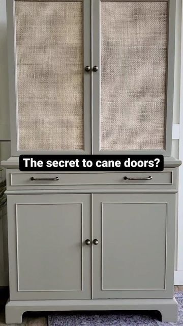 Diy Cane Cabinet, Cane Armoire, Caning Furniture Diy, Cane Cabinet, Refinished Hutch Ideas, Rattan Furniture Makeover, Refinished China Cabinet, Wood Finishing Techniques, China Hutch Makeover