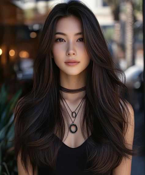 Trendy Dark Mocha Face-Framing Layer for Long Brunette Hair Brown Hair For Tan Skin, Hair Color Ideas For Asian Black Hair, Asian Hair Lob, Cherry Highlights, Brunette Shades, Deep Black Hair, Filipino Hair, Dark Fall Hair Colors, Mocha Hair