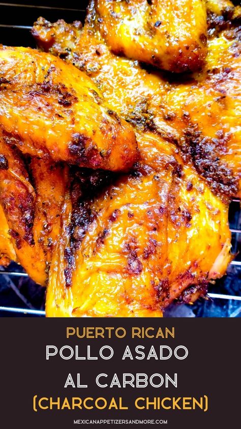 The most authentic delicious Puerto Rican Pollo Asado al Carbon (Roasted Charcoal Chicken)! Moist, juicy and fabulously smoky! You will feel like you just ordered a freshly roasted charcoaled chicken straight from one of the beachfront kiosks in Puerto Rico! #polloasadoalcarbon #puertoricanpolloasadoalcarbon #puertoricanpolloalcarbon #charcoalchicken #barbecuechicken via @mexicanappetizersandmore Puerto Rican Bbq Chicken, Puerto Rican Grilled Chicken, Pollo Asado Puerto Rico, Puerto Rican Roasted Chicken, Puerto Rican Chicken Wings, Puerto Rico Chicken, Best Rotisserie Chicken Recipe, Pollo Asado Marinade, Charcoal Chicken