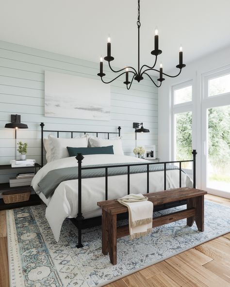 Small Modern Farmhouse Bedroom, Chandelier Coastal, Black Iron Beds, Guest Room Makeover, Black Metal Bed Frame, Black Metal Bed, Wrought Iron Bed, Coastal Lighting, Iron Bed Frame