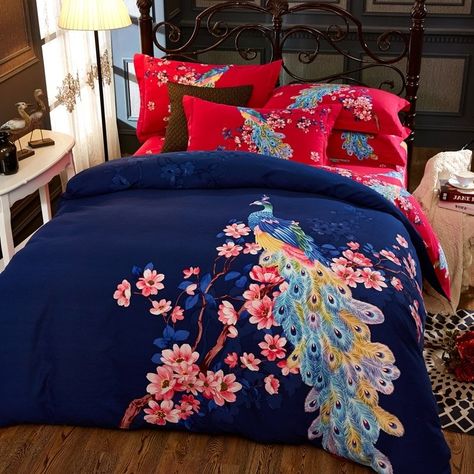 Upscale Peacock Print Fancy Animal Themed Full, Queen Size #Bedding #Bedspread #Bedroom Sets in Deep Blue Red and Pink Peacock Bedroom, Peacock Bedding, Cosy Bedroom, Peacock Decor, Peacock Print, Luxury Bedding Sets, King Bedding Sets, Queen Bedding Sets, Bed Sets