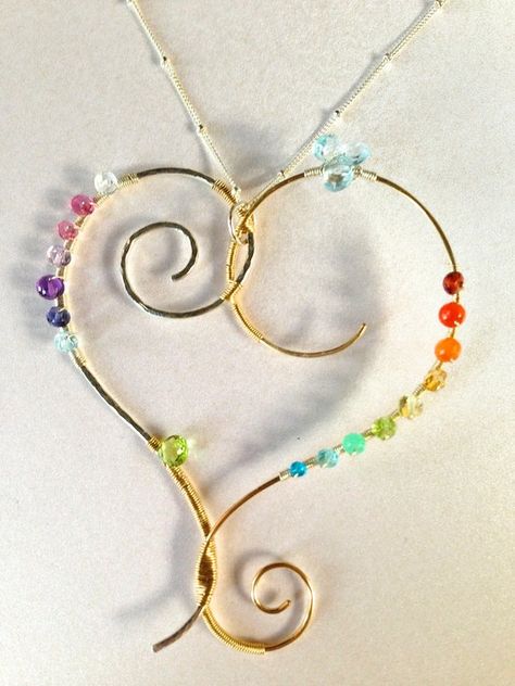 Rainbow Gemstone Necklace, Chakra Gemstone Heart Necklace, Sterling Silver & Gold Filled Heart Penda Dream Catcher Bracelet, Wire Hearts, Jewelry School, Wire Wrapped Heart, Bracelet Trio, Wire Bending, Wire Creations, Ankle Bracelets Diy, Wire Ornaments