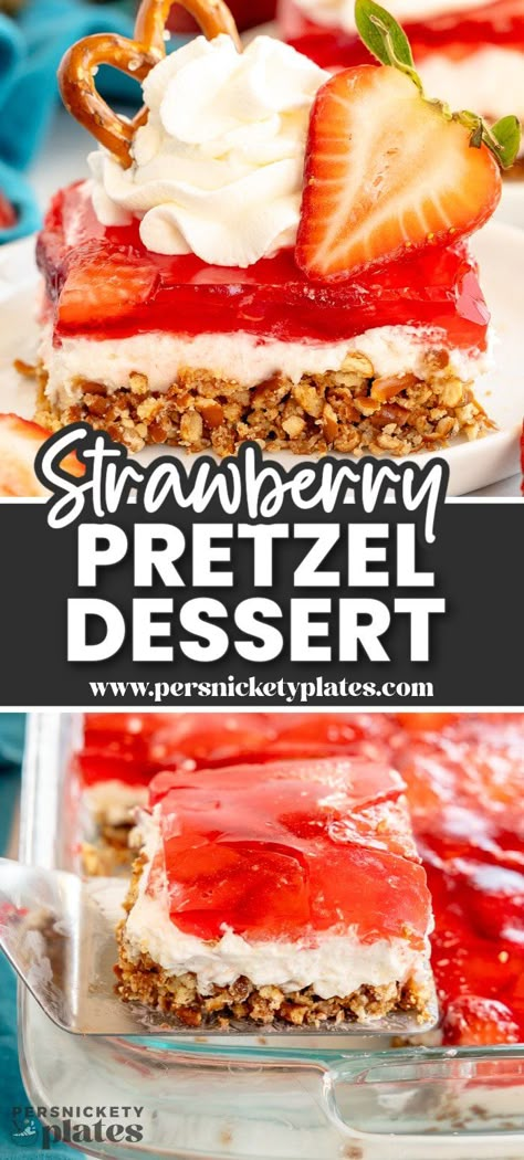 You'll love the contrasting textures of this strawberry pretzel dessert! A sweet, crunchy crust, a creamy center, and a strawberry jello topping. This easy summer dessert is always a hit no matter the occasion! Strawberry Dessert With Pretzel Crust, Pretzel Strawberry Dessert Cream Cheeses, Strawberry Whip Cream Dessert, Strawberry Pretzel Pie Recipe, Pretzel Pudding Dessert, Strawberry Pretzel Cake, Strawberry And Pretzel Dessert, Strawberry Pretzel Dessert Easy, Pretzel Dessert Strawberry