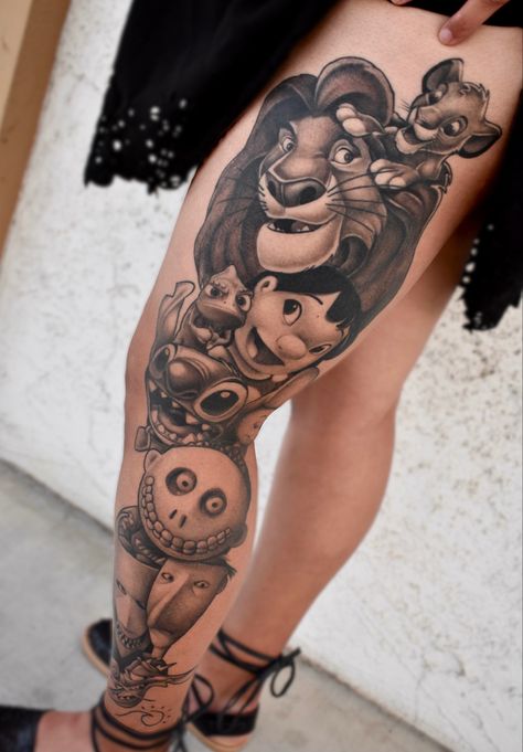 Disney Themed Leg Sleeve Tattoo, Disney Character Sleeve Tattoo, Disney Full Leg Tattoo, Realistic Disney Tattoo, Disney Themed Tattoos Sleeve, Disney Sleeve Tattoo Black And White, Black Disney Tattoos, Black And Gray Disney Tattoos, Disney Leg Sleeve Tattoo Black And White