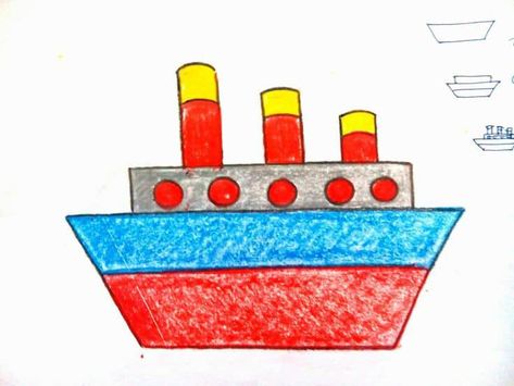 Easy Ship Drawing, Ship Drawing For Kids, Tiger Drawing For Kids, Basic Drawing For Kids, Cartoon Drawing For Kids, Oil Pastel Techniques, Drawing Classes For Kids, Easy Christmas Drawings, Bird Paintings On Canvas