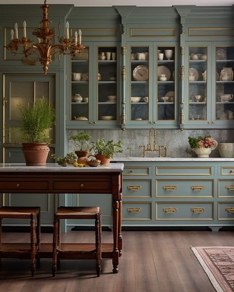 Grandmillenial Home Design, Ornate Kitchen, Green Cabinets, Elegant Kitchens, Kitchen Design Decor, Farmhouse Style Kitchen, Unique Kitchen, Kitchen Redo, Green Kitchen