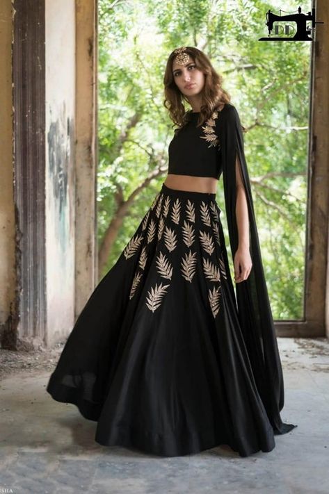 Black Lehenga Skirt, Leaf Design Embroidery, Crop Top With Lehenga, Top With Lehenga, Lehenga Crop Top, Black Lehenga, Floral Lehenga, Lehnga Dress, Black Cape