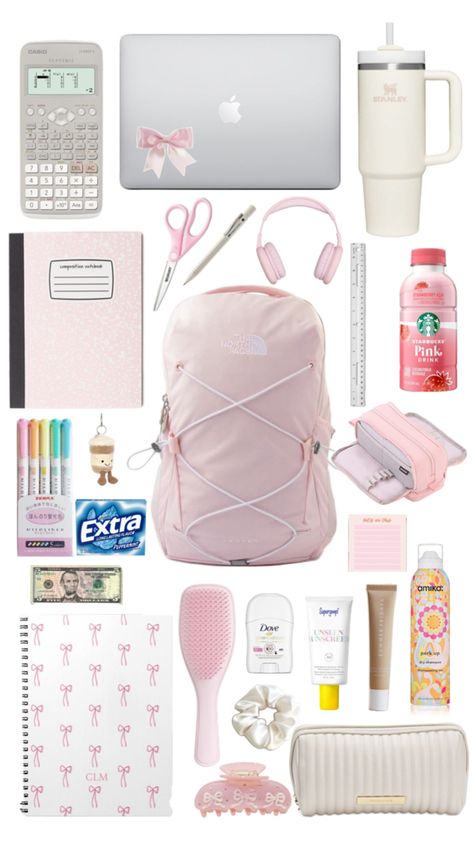 tags: pink clean girl backpack bag back to school inspo cute aesthetic supplies Pink Clean Girl, Preppy School Backpack, Middle School Essentials, School Backpack Essentials, Preppy School Supplies, Girl School Supplies, School Preppy, Pretty School Supplies, Preppy Backpack